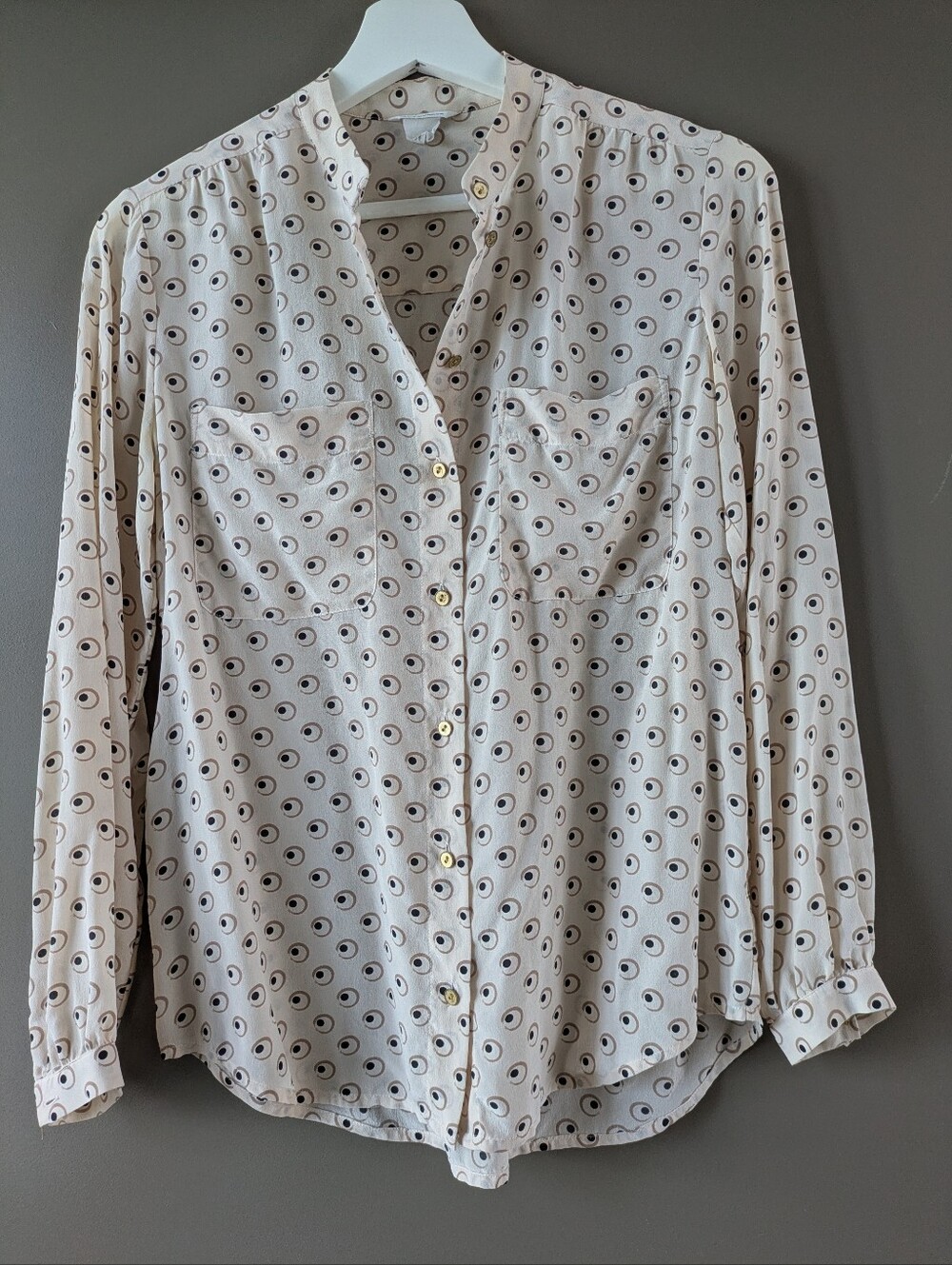 Club Monaco Silk Cream Button-Down Shirt with Circular Eye Print - Picture 7 of 7
